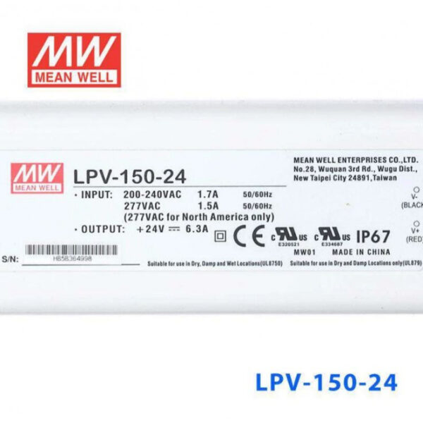 LPV-150-24 Mean Well SMPS - 24V 6.3A 151.2W Waterproof LED Power Supply sharvielectronics.com
