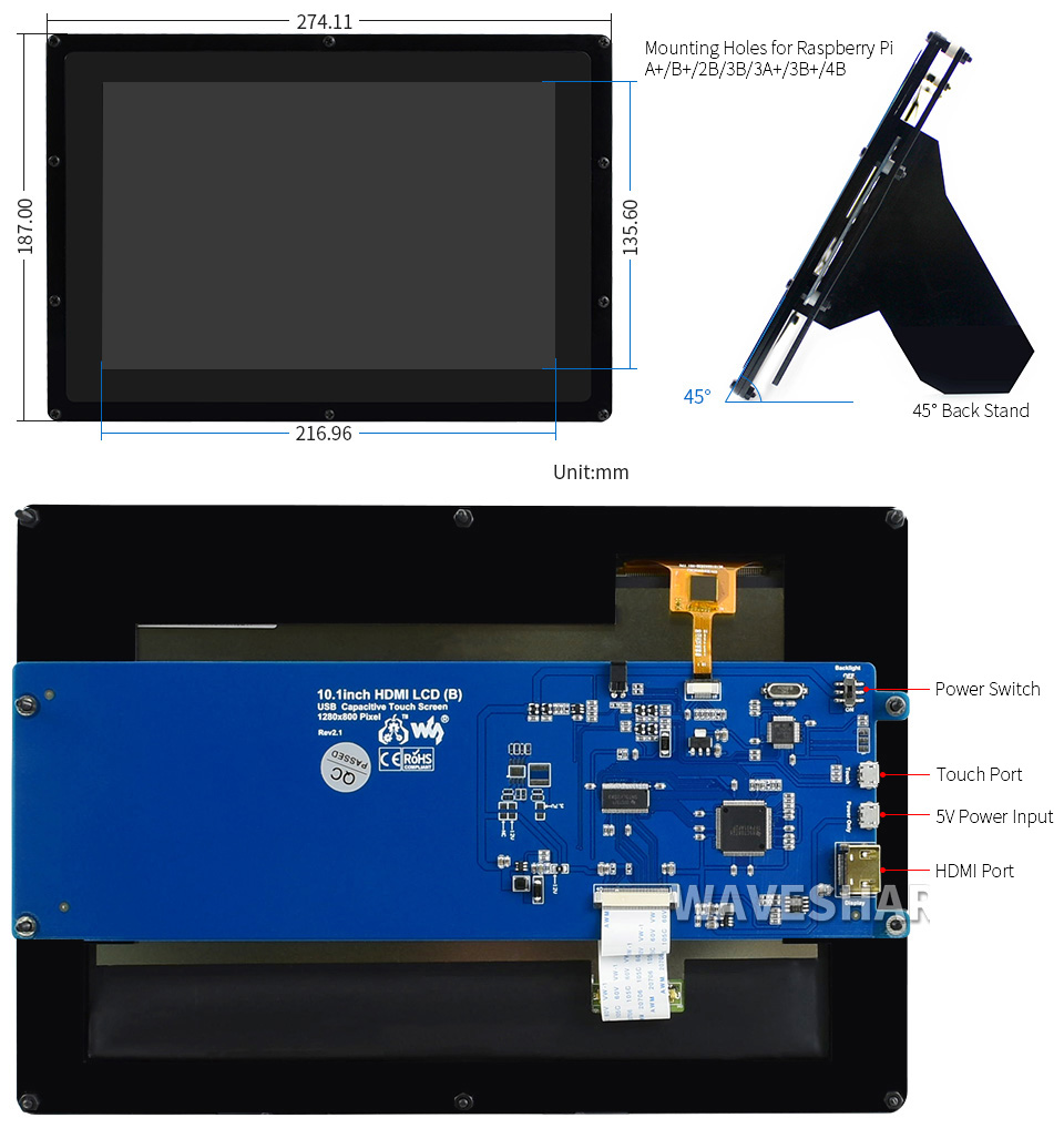 Waveshare 10.1-inch Capacitive Touch Screen LCD (B) with Case 1280×800