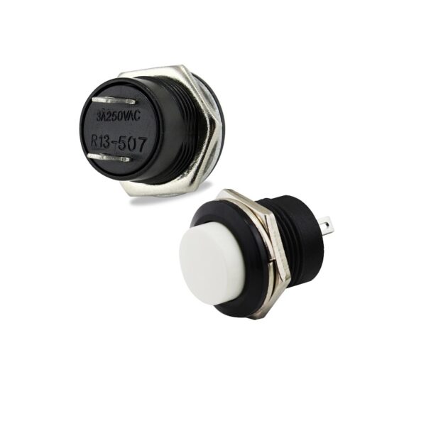R13-507 - 16mm 2 Pin Momentary Round Push Button - White